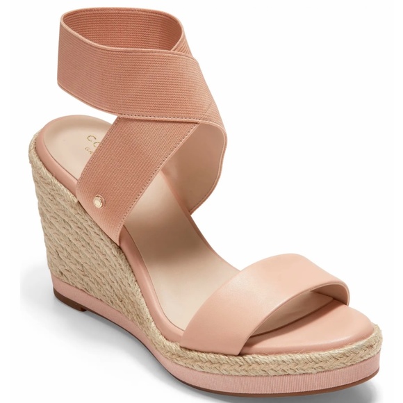 COLE HAAN Cloudfeel Nude Rose Espadrille Wedge Sandals Leather Platform Heels - Picture 1 of 10